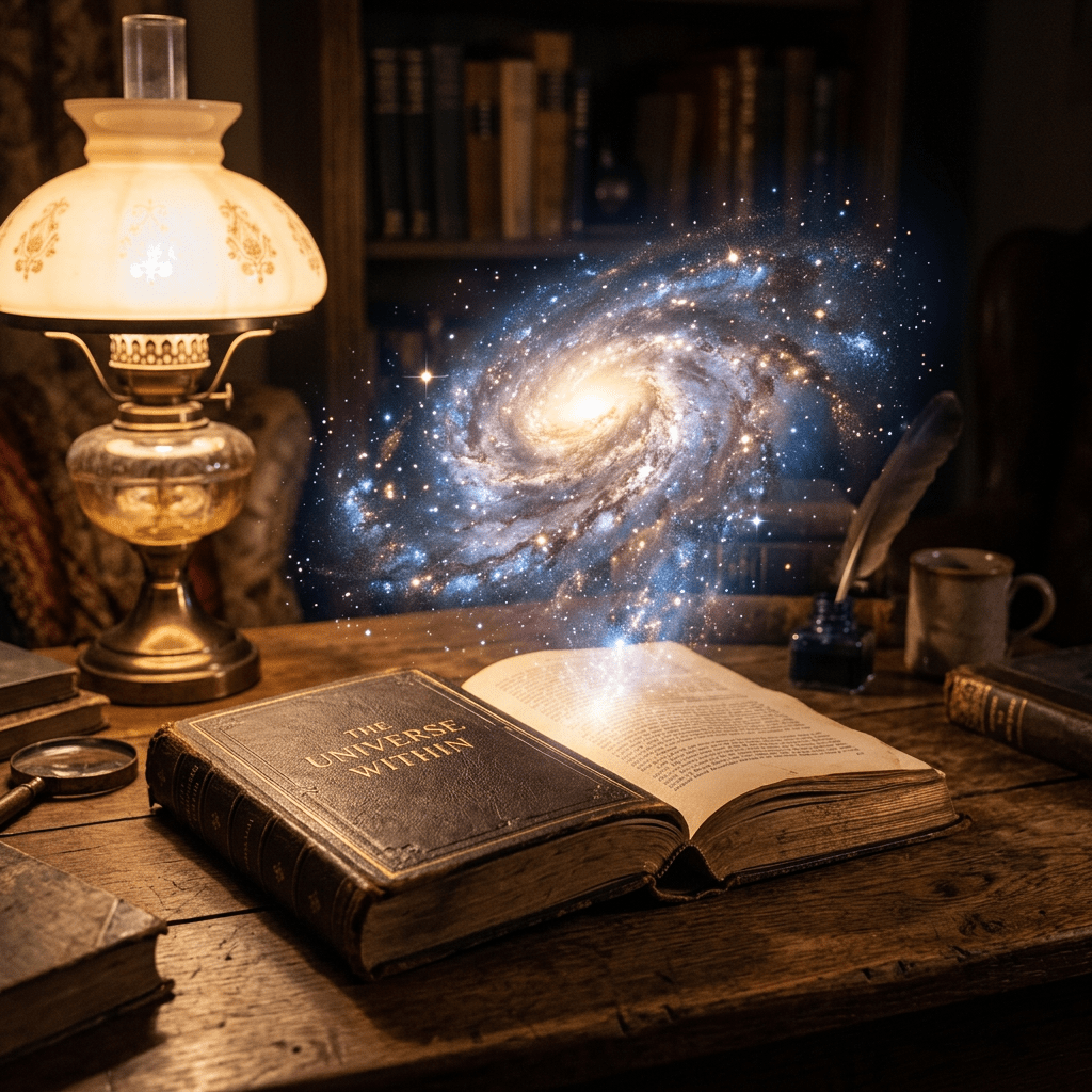 Old book titled The Universe Within with a glowing spiral galaxy emerging above it on a wooden desk
