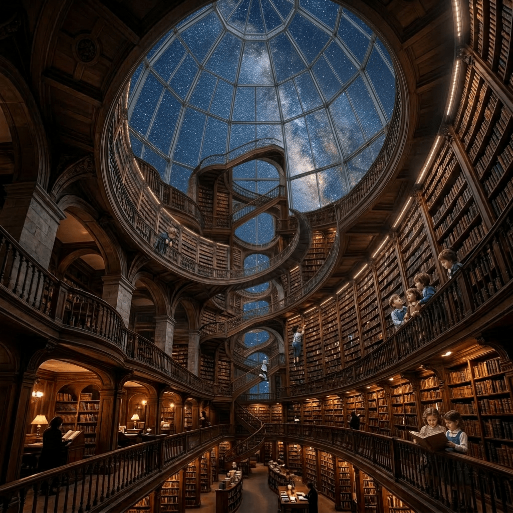 Grand curved library interior with tall wooden bookshelves and night sky ceiling