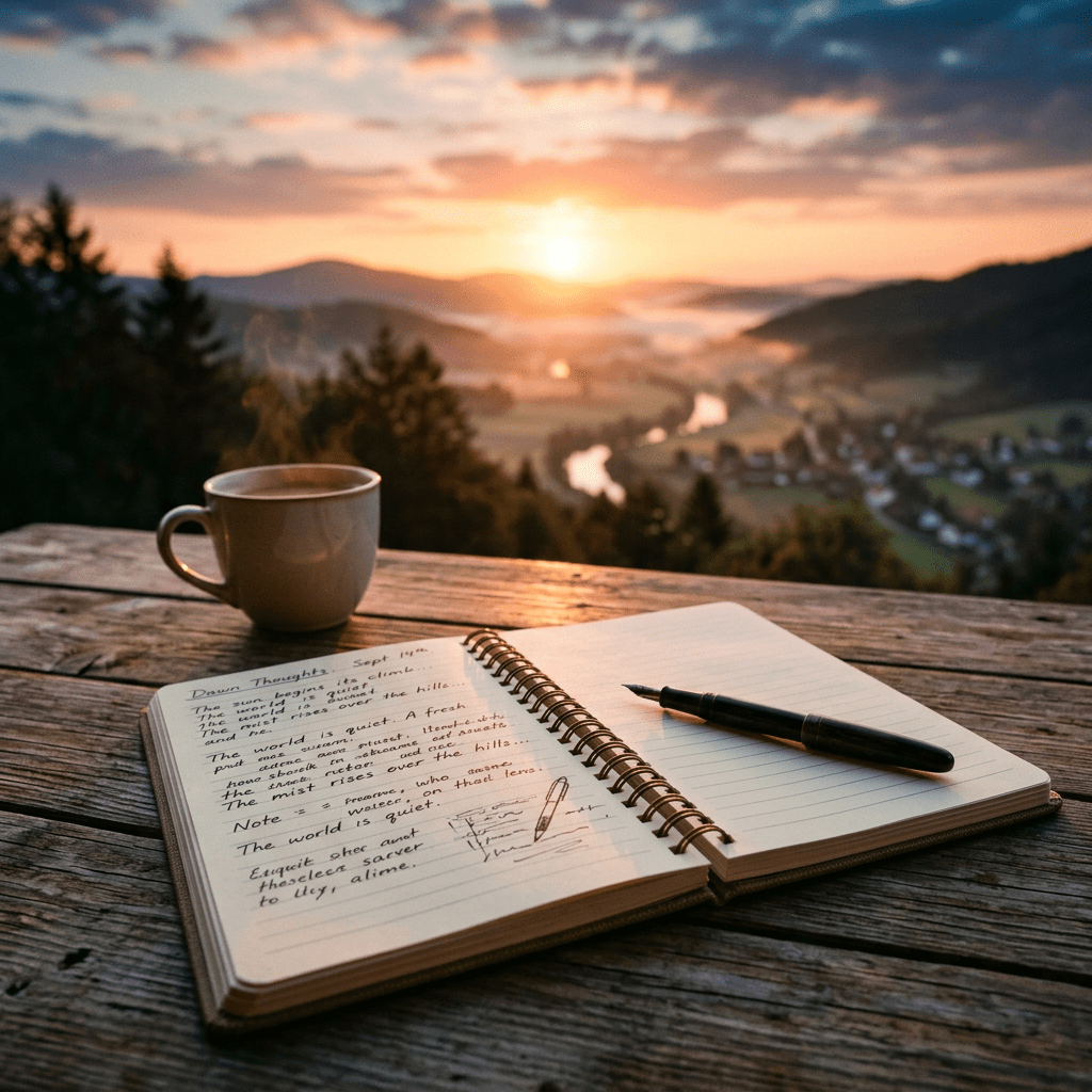 Open journal with handwritten notes and fountain pen on wooden table with coffee cup and sunrise over hills