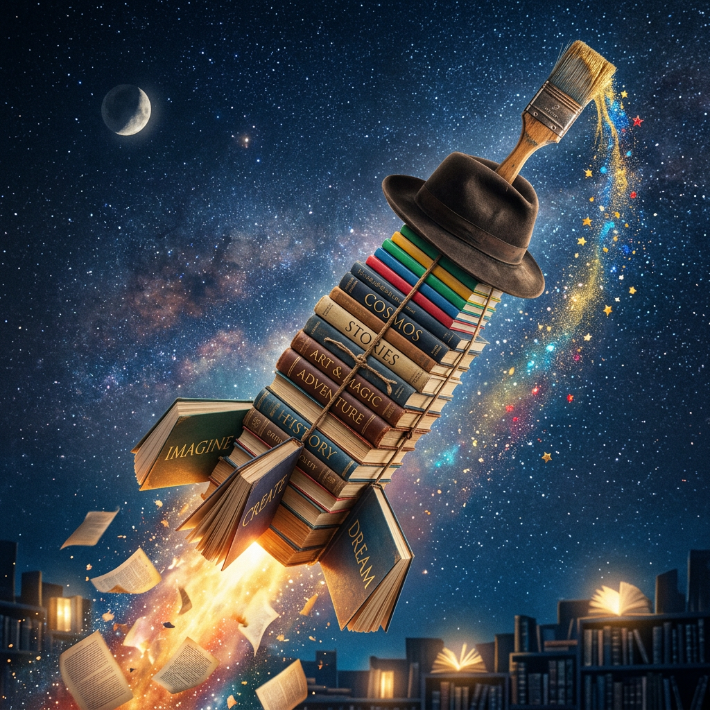 Stack of books tied together like a rocket with words imagine, create, and dream