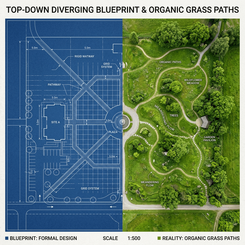 Half blueprint with grid layout and half aerial photo showing irregular grass paths and trees
