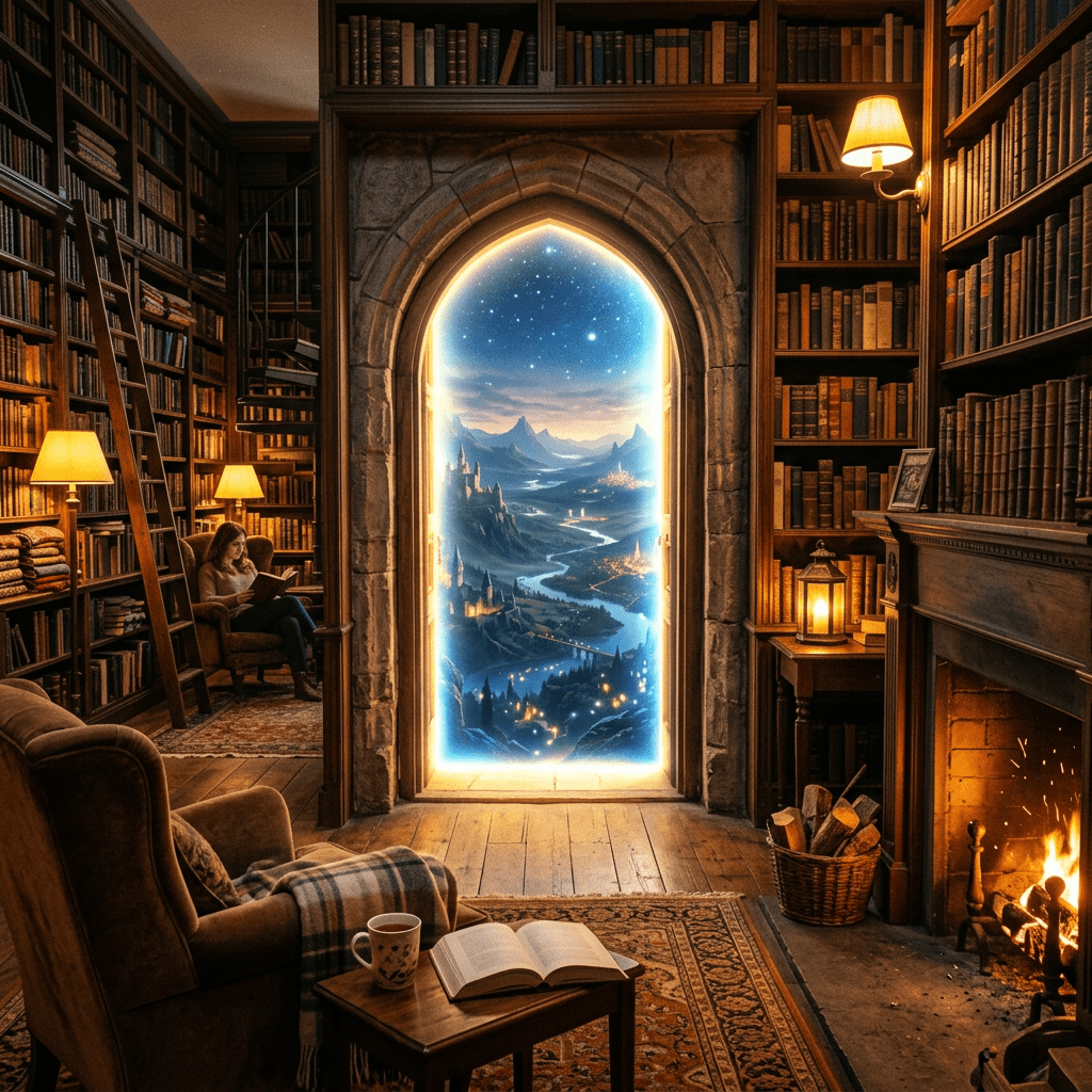 A cozy library room with wooden shelves, a roaring fireplace, and a glowing arched doorway showing a starry sky and distant mountains